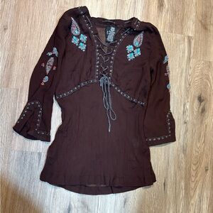 Mixit Brown and Blue Embellished Western/Bohemian Blouse